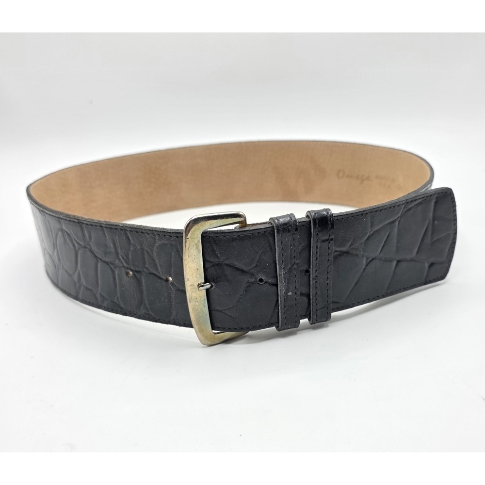 Vintage Omega Wide Leather Belt SZ M Black Croc Embossed Statement Snakeskin